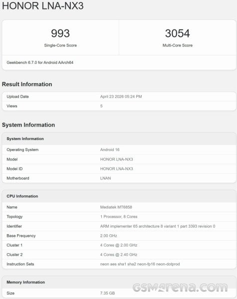 Honor 600e: Geekbench'te Ortaya Çıkan Özellikler
