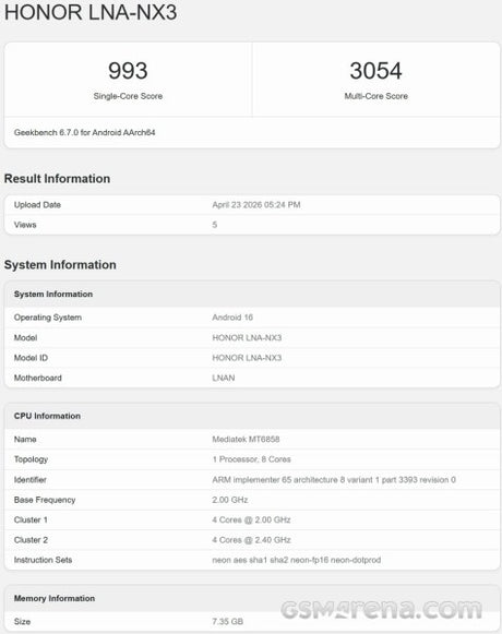Honor 600e: Geekbench'te Ortaya Çıkan Özellikler