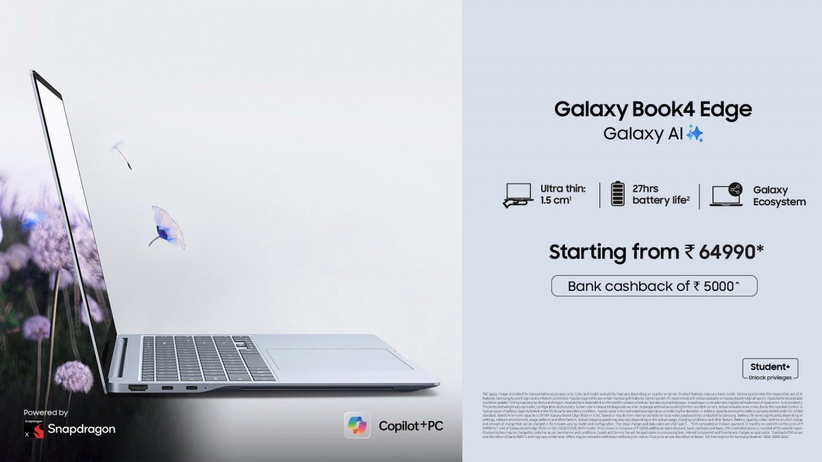 Hindistan'da Snapdragon X ile Samsung Galaxy Book4 Edge piyasaya sürüldü.