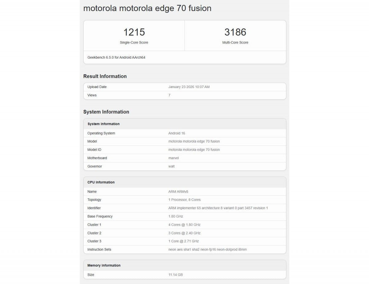 Motorola Edge 70 Fusion, tanıtımından önce Geekbench'te görüldü.