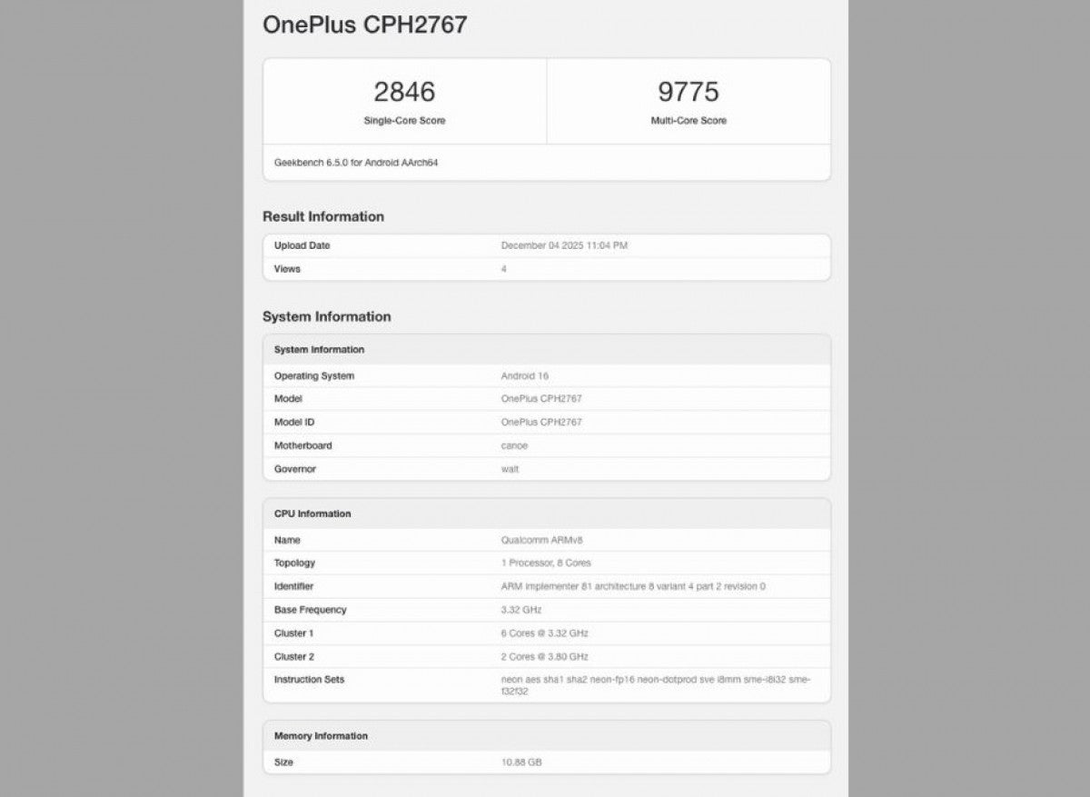 OnePlus 15R, 12GB RAM ve Android 16 ile Geekbench'te görüldü
