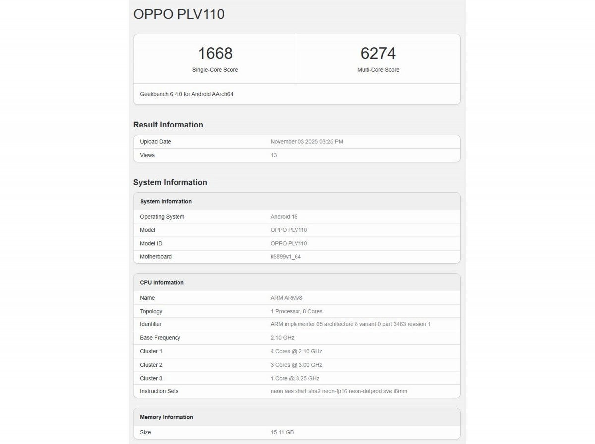 Oppo Reno15, Geekbench'te çalıştırıldı, işlemcisi ve bellek miktarı ortaya çıktı
