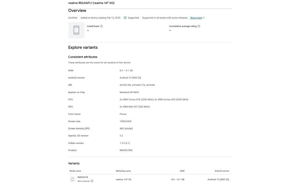 Realme 14T, Google Play Console'da göründü, ana özellikleri doğrulandı