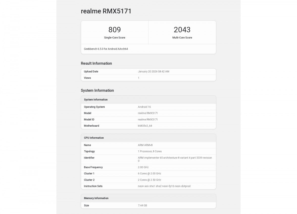 Realme 16, işlemcisini ve RAM miktarını doğrulayan Geekbench testini geçti