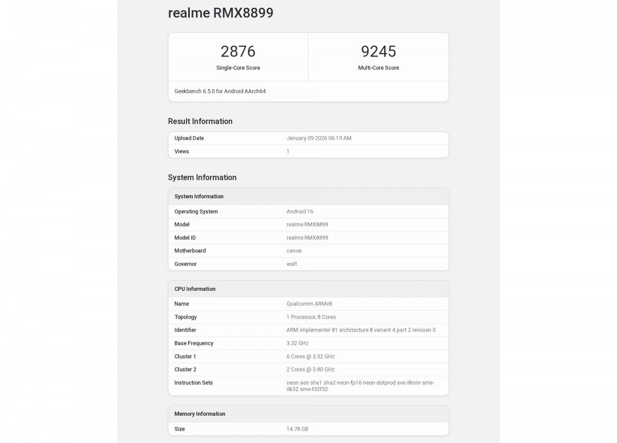 Realme Neo8 iddia edilen şekilde Geekbench'te çalışıyor, yongaseti ve RAM miktarını doğruluyor