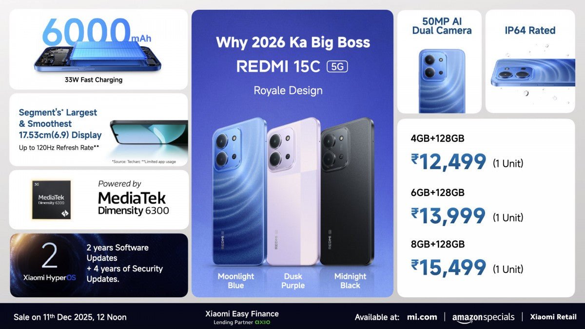 Redmi 15C 5G, Dimensity 6300 ve 6000mAh bataryayla Hindistan'da piyasaya sürüldü