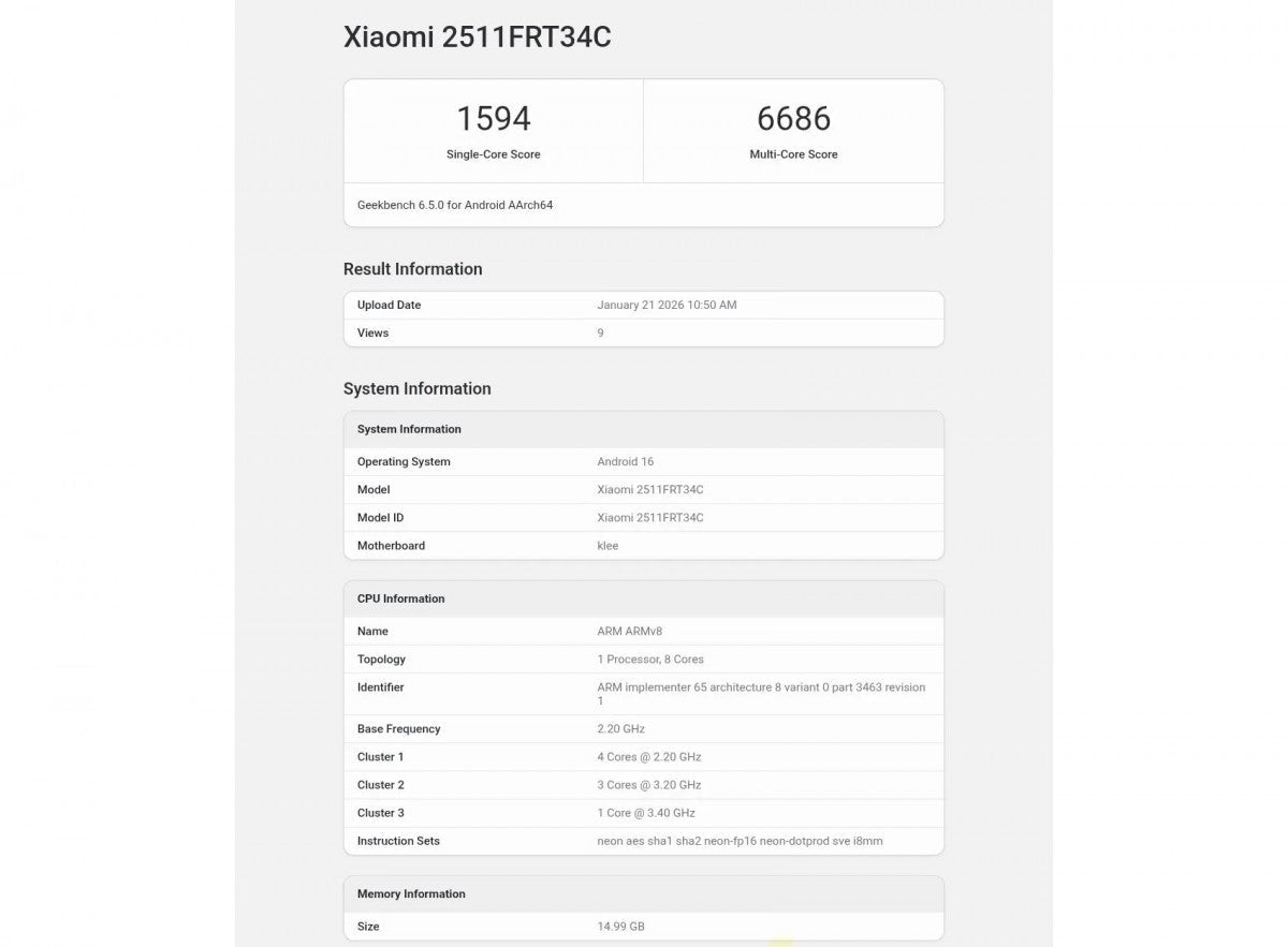 Redmi Turbo 5, Geekbench'te çalıştırıldı ve yonga seti doğrulandı