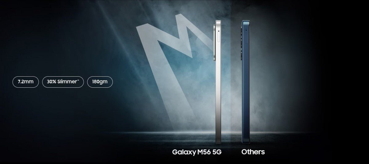 Samsung Galaxy M56 %30 daha ince, hala 5.000mAh bataryaya ve 45W şarj özelliğine sahip. 

Translated to Turkish:
Samsung Galaxy M56 %30 daha ince, hala 5.000mAh bataryaya ve 45W şarj özelliğine sahip.