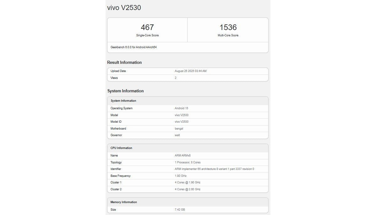 vivo V60 Lite, Geekbench'te çalıştırıldı, yongası ortaya çıktı
